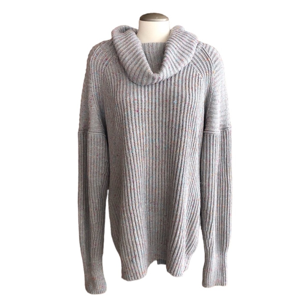Free People | Cozy Oversized Cowl Neck Chunky Knit Sweater Grey w/ Rainbow Spec